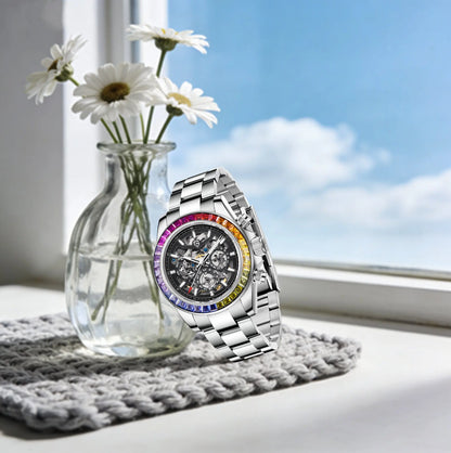 PAGANI DESIGN Personalized Men Automatic Mechanical Watch Colorful Gemstone Bezel Small Three-Pin Tachymeter Design Chronograph
