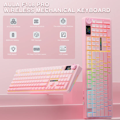 AULA F108 Pro Wireless Bluetooth Keyboard Macro Gaming Keyboard Gasket Hot-Swap Full Size Keyboard with TFT Smart Display