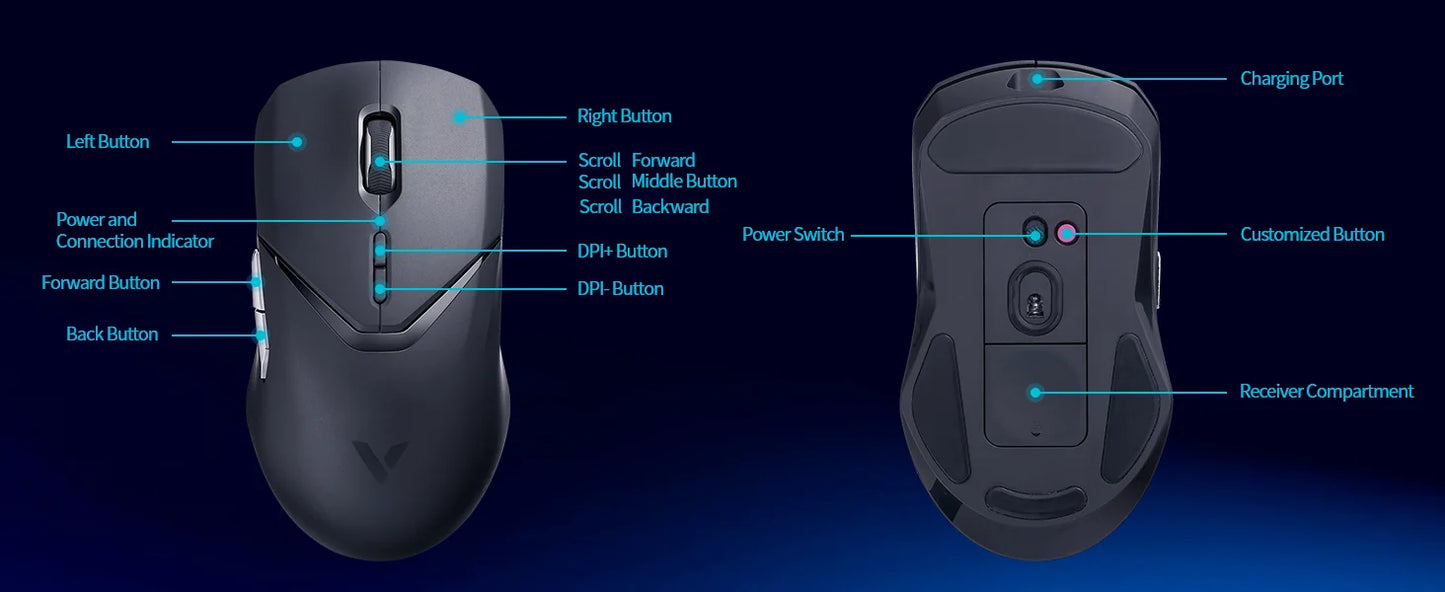 Mouse da gaming wireless Rapoo VT9PRO PAW3398 68g cablato programmabile ergonomico 26000DPI Type C ricaricabile accessorio per PC gamer