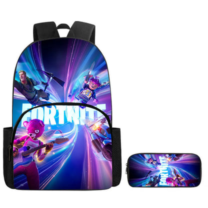 Fortnite Cartoon 2-Piece Set Backpack with Front Pocket Pencil Case Unisex Large Capacity School Bag Ages 5-8