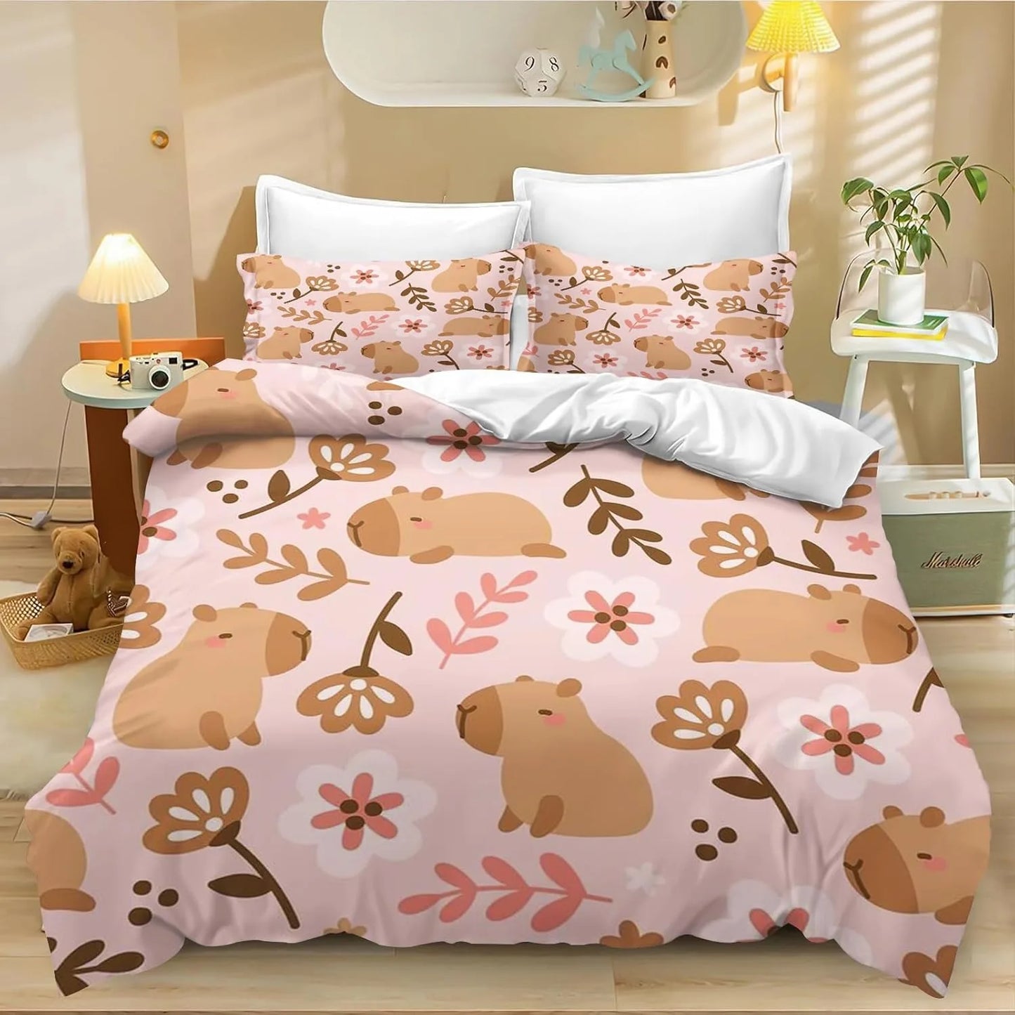 Conjunto de Capa de Edredão e Fronha com 4 Capivaras em Desenho Animado, Roupa de Cama Capivara para Adulto, Rapaz e Rapariga, Decoração de Quarto Infantil, Tamanho Individual e Duplo