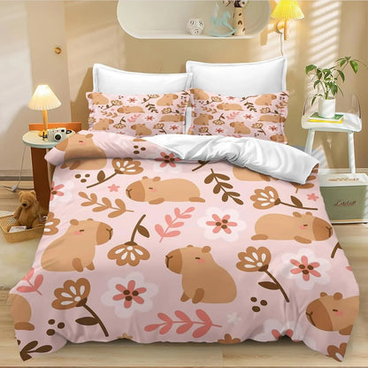 Conjunto de Capa de Edredão e Fronha com 4 Capivaras em Desenho Animado, Roupa de Cama Capivara para Adulto, Rapaz e Rapariga, Decoração de Quarto Infantil, Tamanho Individual e Duplo