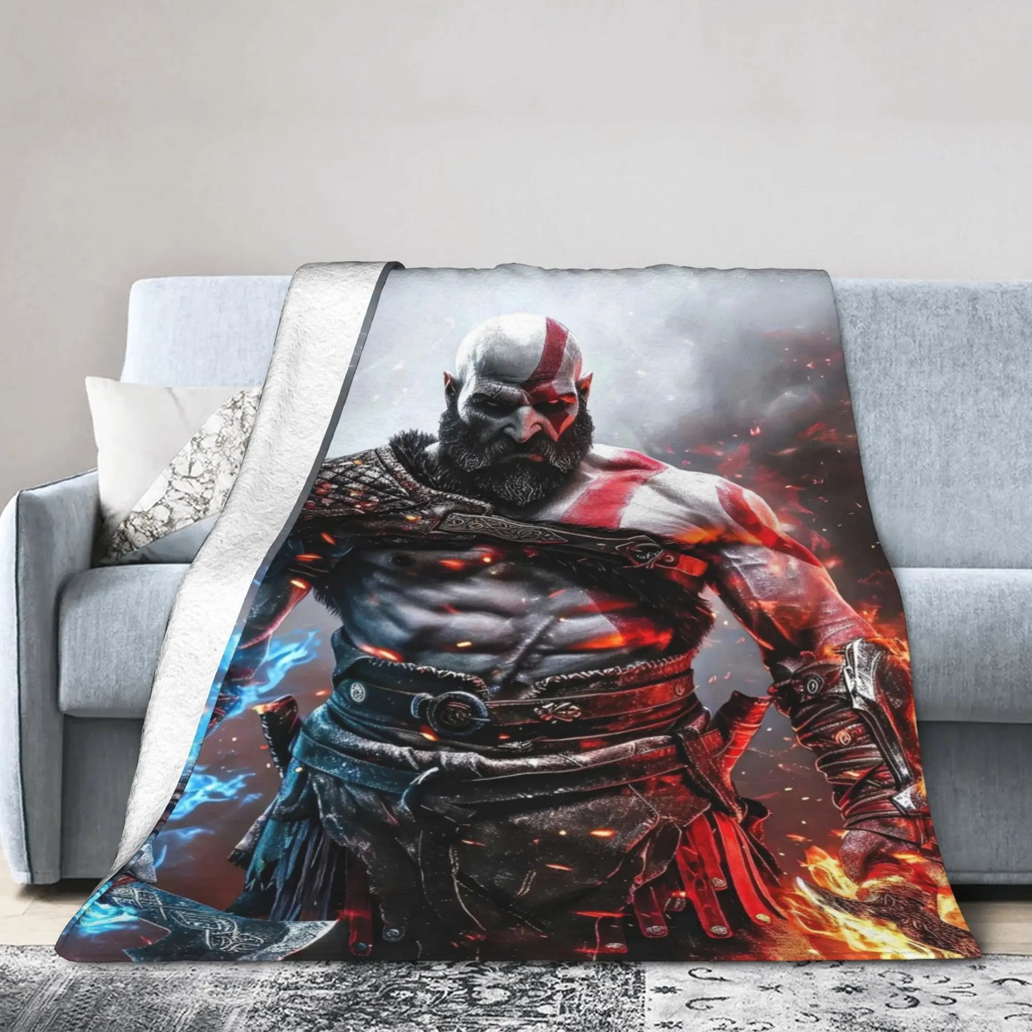 God of War Games Kratos Cartoon Flannel Blanket  Super Soft Throw Blanket for Couch Bed Travel Street Trend Bedspread Sofa Bed