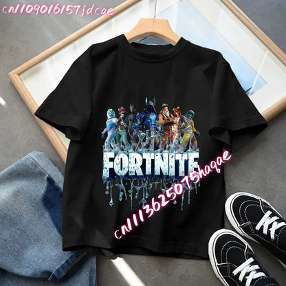 Fortnites Kids Black Cotton T-Shirt Fortress Night Baby Short Sleeve Tees Shirt Cartoon Boy Girl Summer Clothes Kawaii Tops Gift