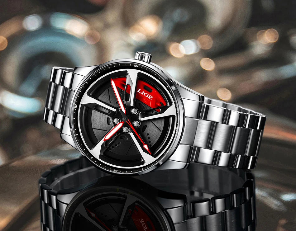 LIGE New Sport 3d Car Wheel Rim Hub Watch Fashionable Rotating Dial Stainless Steel Strap Waterproof Quartz Watches reloj hombre