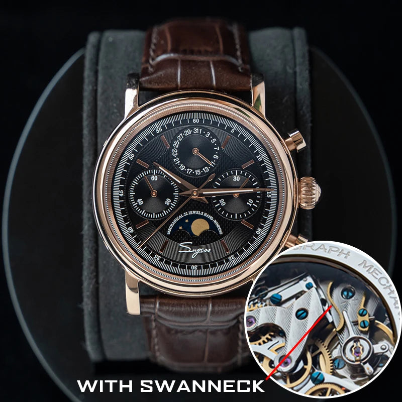 Sugess Men Watch ST1908 Swanneck Movement Mechanical Chronograph Wristwatch Genuine Moonphase Calendar Vintage Leather NEW 2023