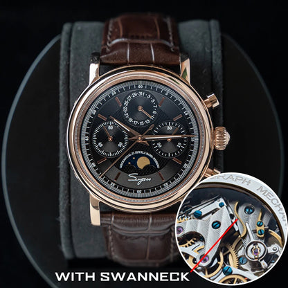 Sugess Men Watch ST1908 Swanneck Movement Mechanical Chronograph Wristwatch Genuine Moonphase Calendar Vintage Leather NEW 2023