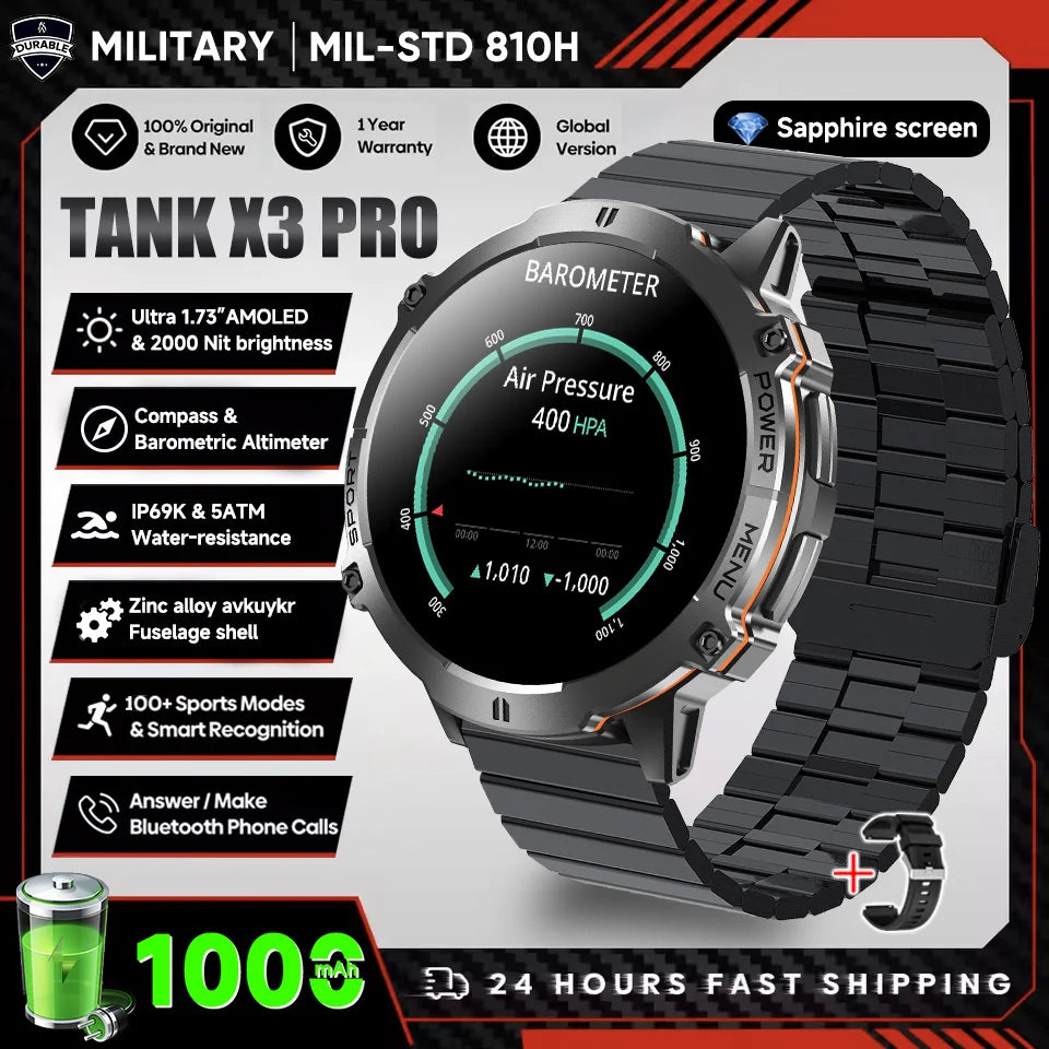 2026 Novo Smartwatch Militar TANK X3 para Homem, Bateria 1000mAh, 10ATM À Prova de Água para Natação, Percurso GPS, Ecrã AMOLED HD de 1.75", Chamadas e Desporto