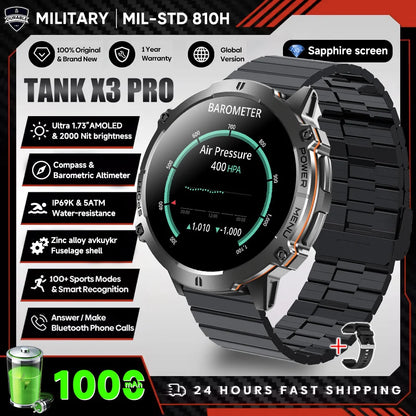 2026 Novo Smartwatch Militar TANK X3 para Homem, Bateria 1000mAh, 10ATM À Prova de Água para Natação, Percurso GPS, Ecrã AMOLED HD de 1.75", Chamadas e Desporto