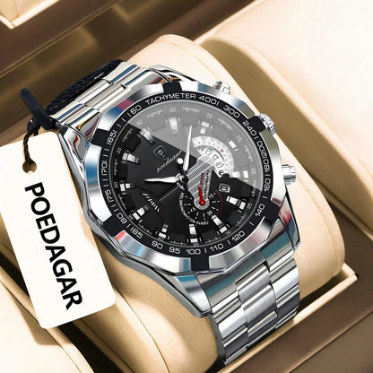 POEDAGAR luxury men’s watch, water-resistant, luminous, date display, sporty, stainless steel bracelet, quartz movement.