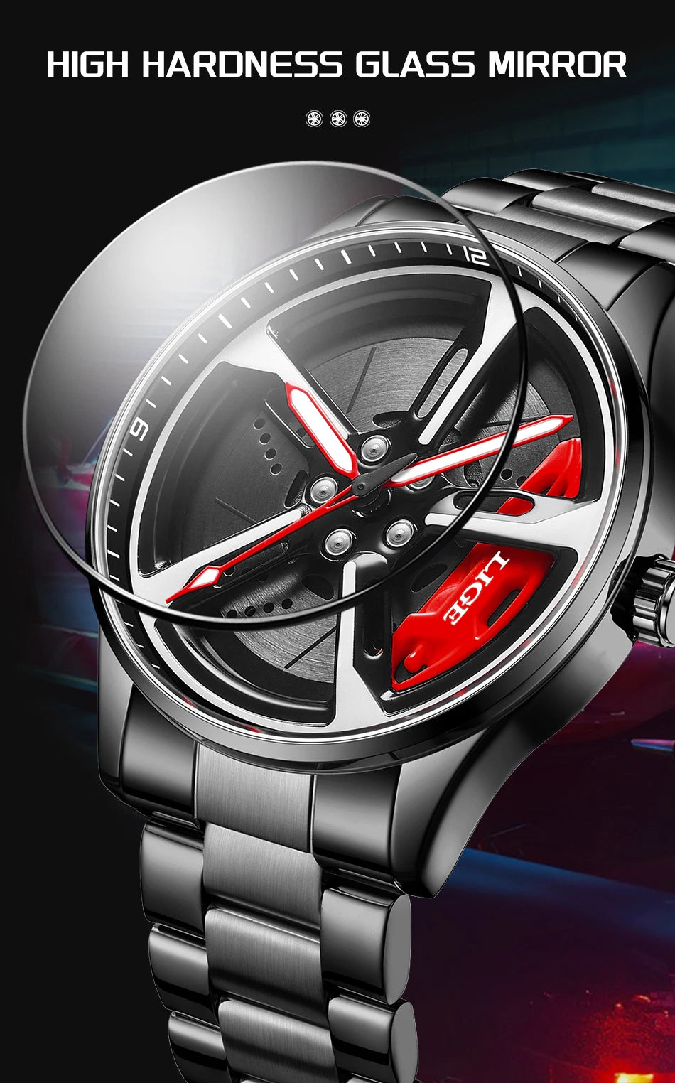 LIGE New Sport 3d Car Wheel Rim Hub Watch Fashionable Rotating Dial Stainless Steel Strap Waterproof Quartz Watches reloj hombre