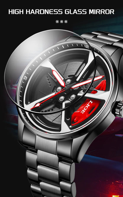 LIGE New Sport 3d Car Wheel Rim Hub Watch Fashionable Rotating Dial Stainless Steel Strap Waterproof Quartz Watches reloj hombre