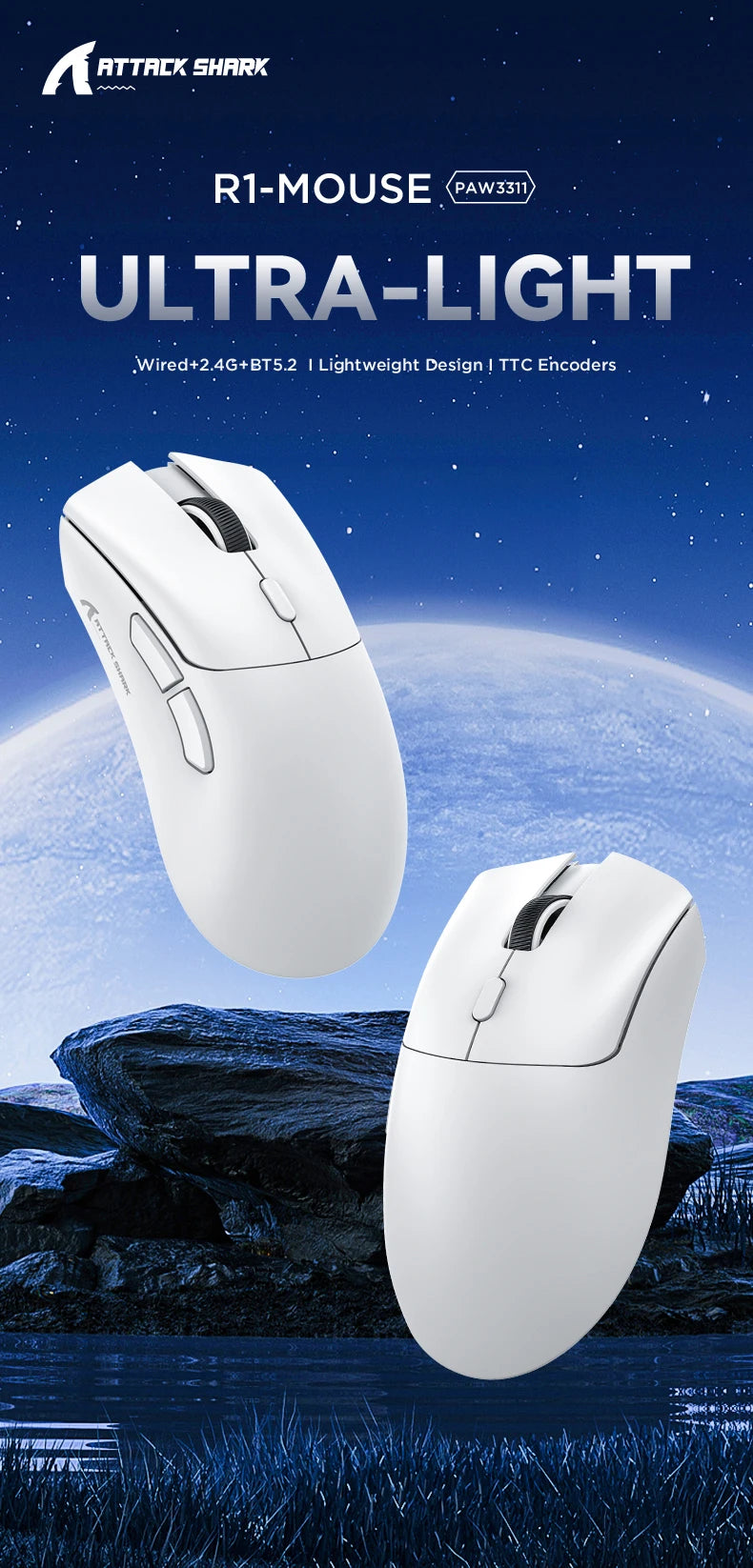 Rato sem fios Attack Shark R1 Bluetooth Gaming, rato viral avaliado por influencers, sensor PAW3311, taxa de atualização de 1000Hz