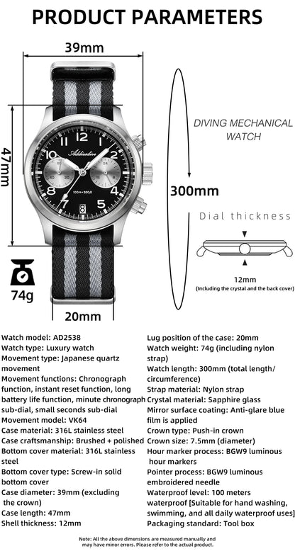 Relógio Masculino ADDIESDIVE 2025 New Panda Eye Retro Luxo VK64 Quartz, Cronógrafo Desportivo, 100M Impermeável, Luminoso
