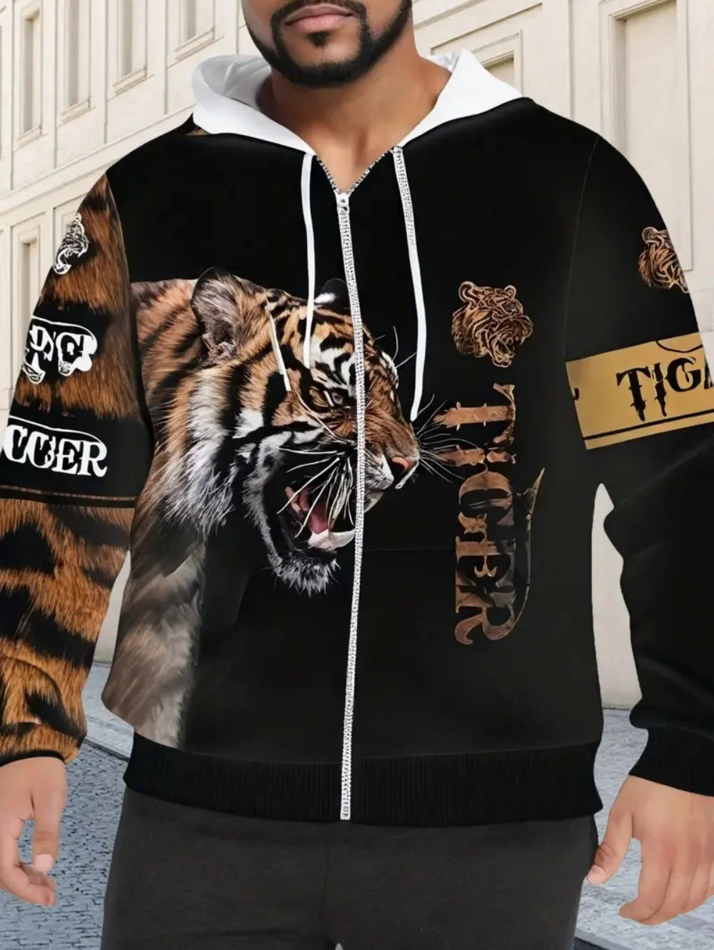 Sweatshirt com capuz e fecho para homem 2025, manga comprida, gráfico de tigre, estilo casual outdoor, com cordão e bolsos