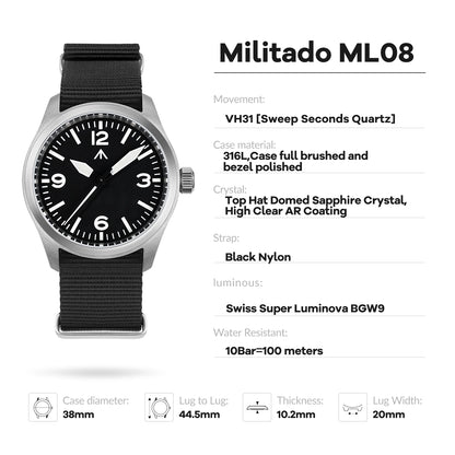 Militado ML08 V2 Vintage Quartz Watch Military VH31 Movement  Double Sapphire Crystal C3 BGW-9 Luminous Waterproof 38mm Watch