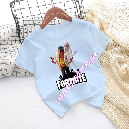 T-shirts de Criança Fortnite com Estampado de Figuras Cartoon do Jogo Fortress Night, Tops de Manga Curta para Verão, Roupa para Rapazes e Raparigas