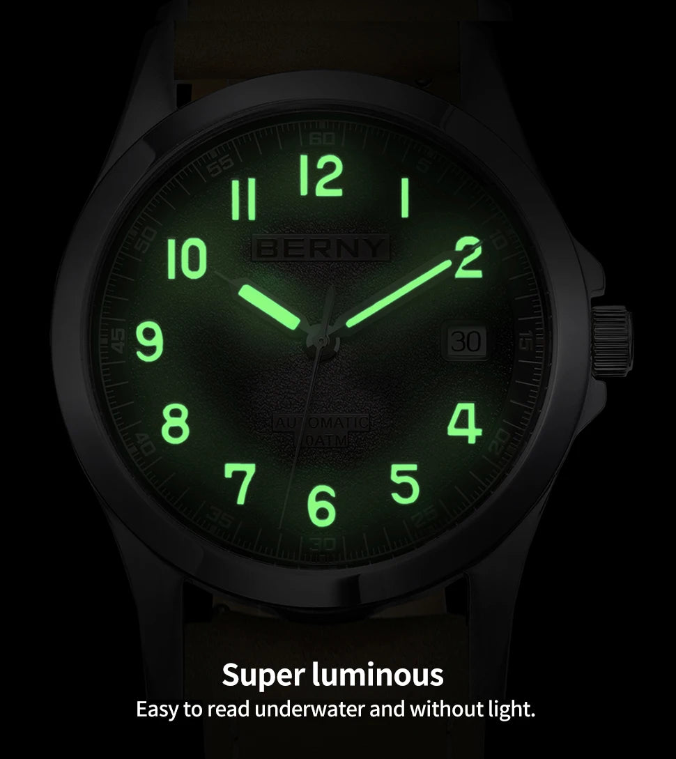 BERNY Automatic Watch Men ST2130 Luminous Mechanical Wristwatch Sapphire Waterproof 10ATM Top Brand Luxury Watch for Men
