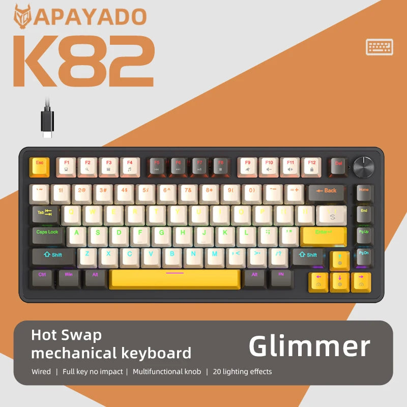APAYADO 75% Gaming Keyboard Wired with Metal Knob, Hot-Swap K82 Black Mechanical Keyboard, ABS Transparent Character RGB