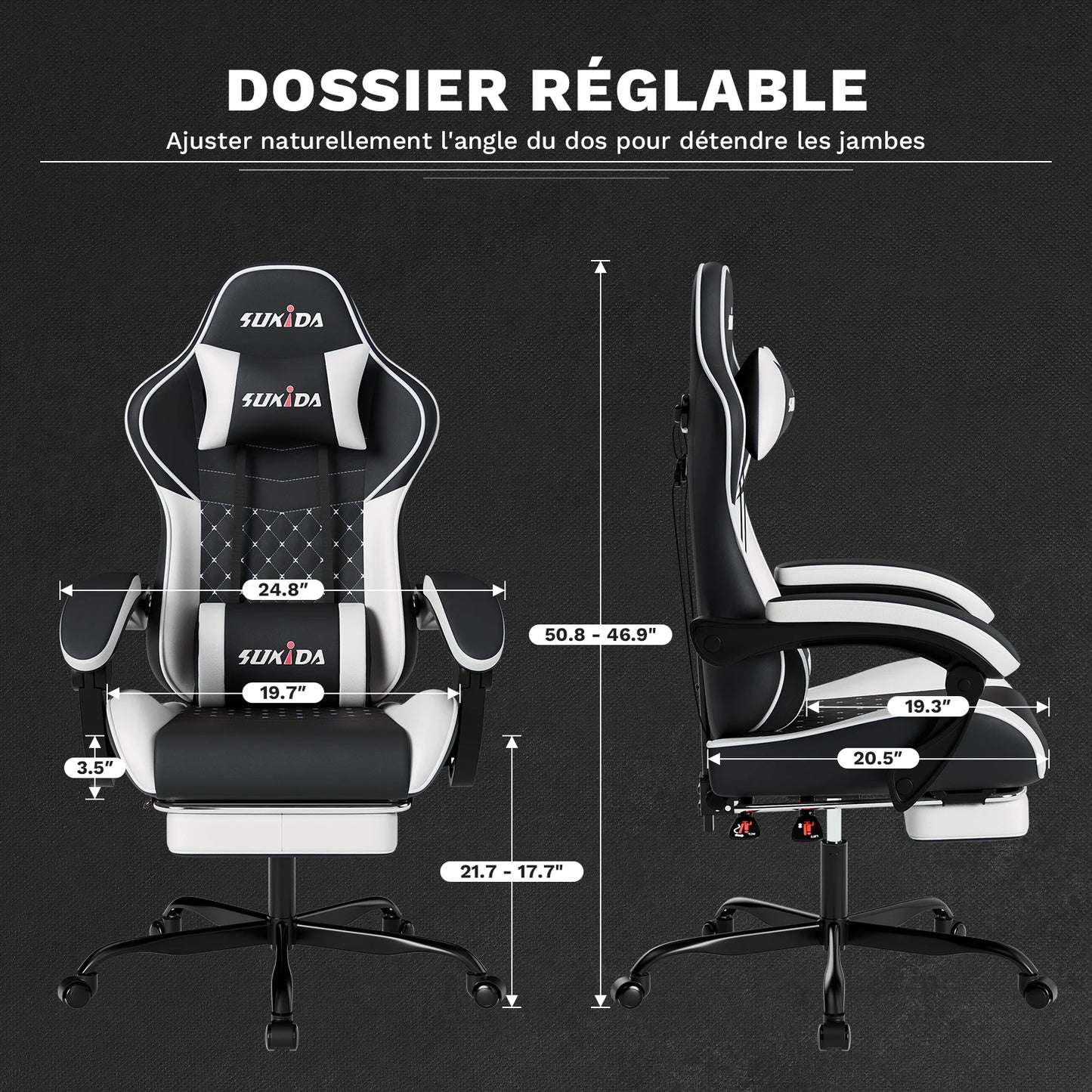 SUKIDA Ergonomic Gaming Chair with Footrest, Lumbar Support Computer Chair, Comfortable Office Chair with Adjustable Reclining Backrest