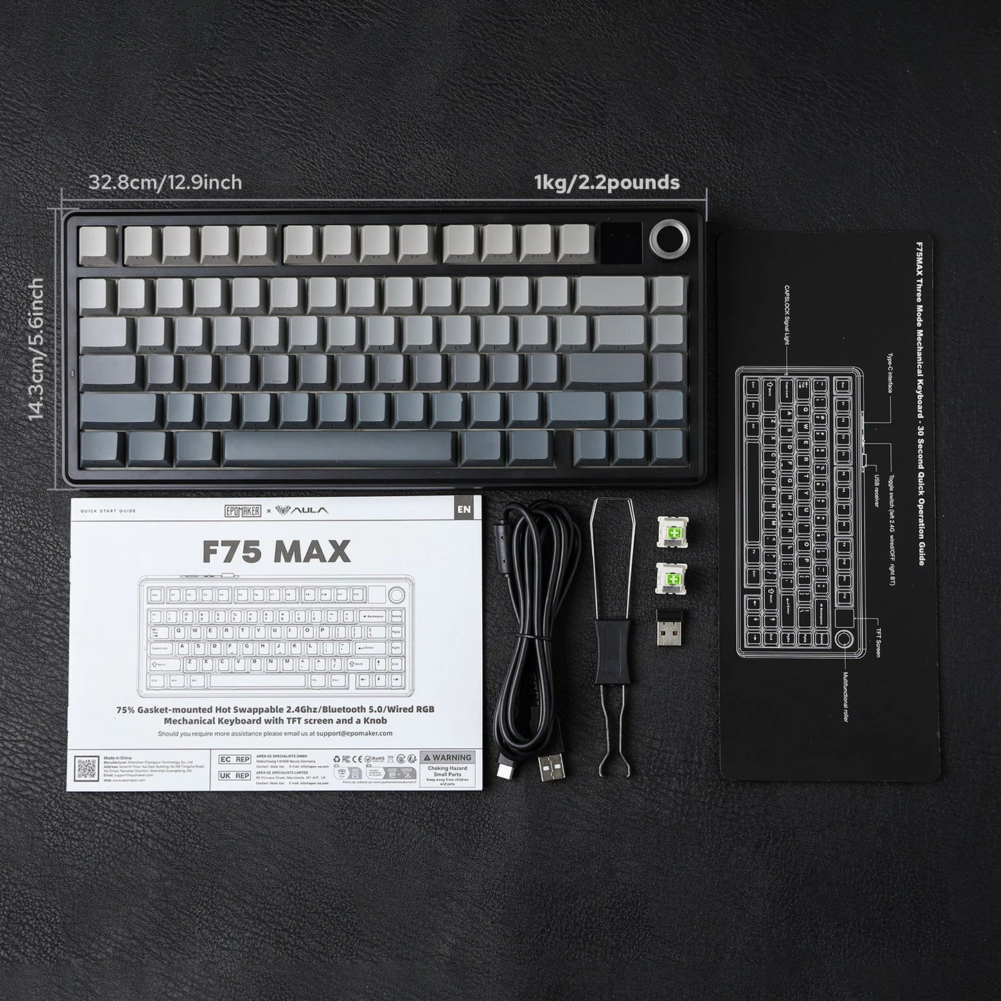 Teclado mecánico inalámbrico EPOMAKER X AULA F75 MAX compacto 75% con distribución ANSI, conexión por cable/Bluetooth/2.4GHz, pantalla TFT y perilla