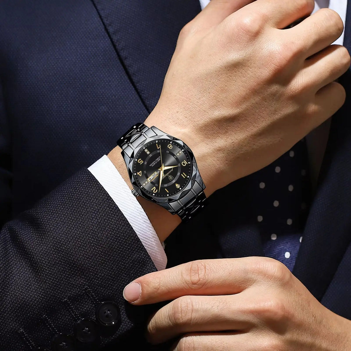 POEDAGAR Fashion Luxury herenhorloge, waterdicht, verlicht, quartz, roestvrijstalen band, datum en dag van de week, casual stijl.