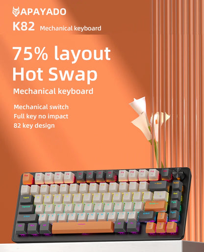 APAYADO 75% Gaming Keyboard Wired with Metal Knob, Hot-Swap K82 Black Mechanical Keyboard, ABS Transparent Character RGB