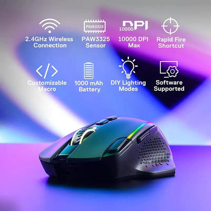 Rato Gaming Sem Fios Redragon M810 Pro, 10000 DPI, Rato Gamer com Fio c/ Tecla de Disparo Rápido, 8 Botões Macro, Preto/Branco