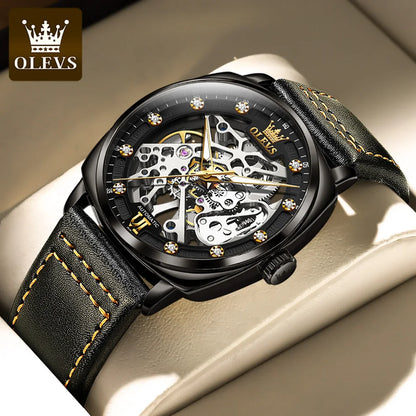OLEVS 6651 Men's Watch Classic Automatic Mechanical Watch For Men Hollow Skeleton Clock Luxury Leather Waterproof Wrist Watches
