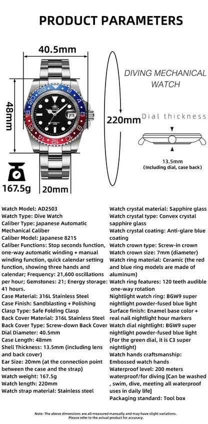 ADDIESDIVE 2025 New Men's Business Watch 200m Water Resistant 8215 Automatic Mechanical Watch Sapphire Crystal Luminous Watch
