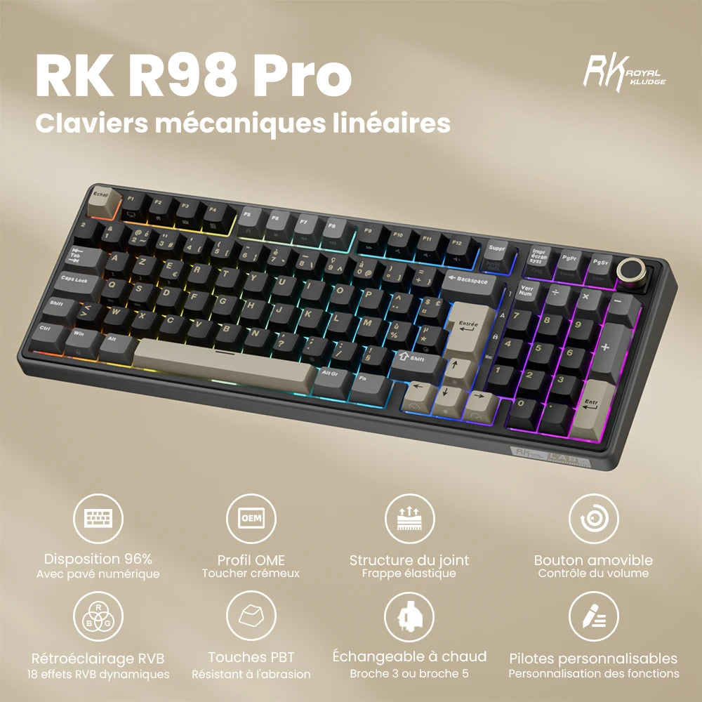 Teclado mecánico con cable RK ROYAL KLUDGE R98Pro Gasket, 98 teclas, RGB, hot-swappable, botón desmontable para gamers, keycaps PBT