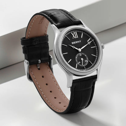 BERNY Watches for Men Luxury Slim Classic Stylish Dress Quartz Watch Stainless Steel Case Elegance Leather Band Wristwatch