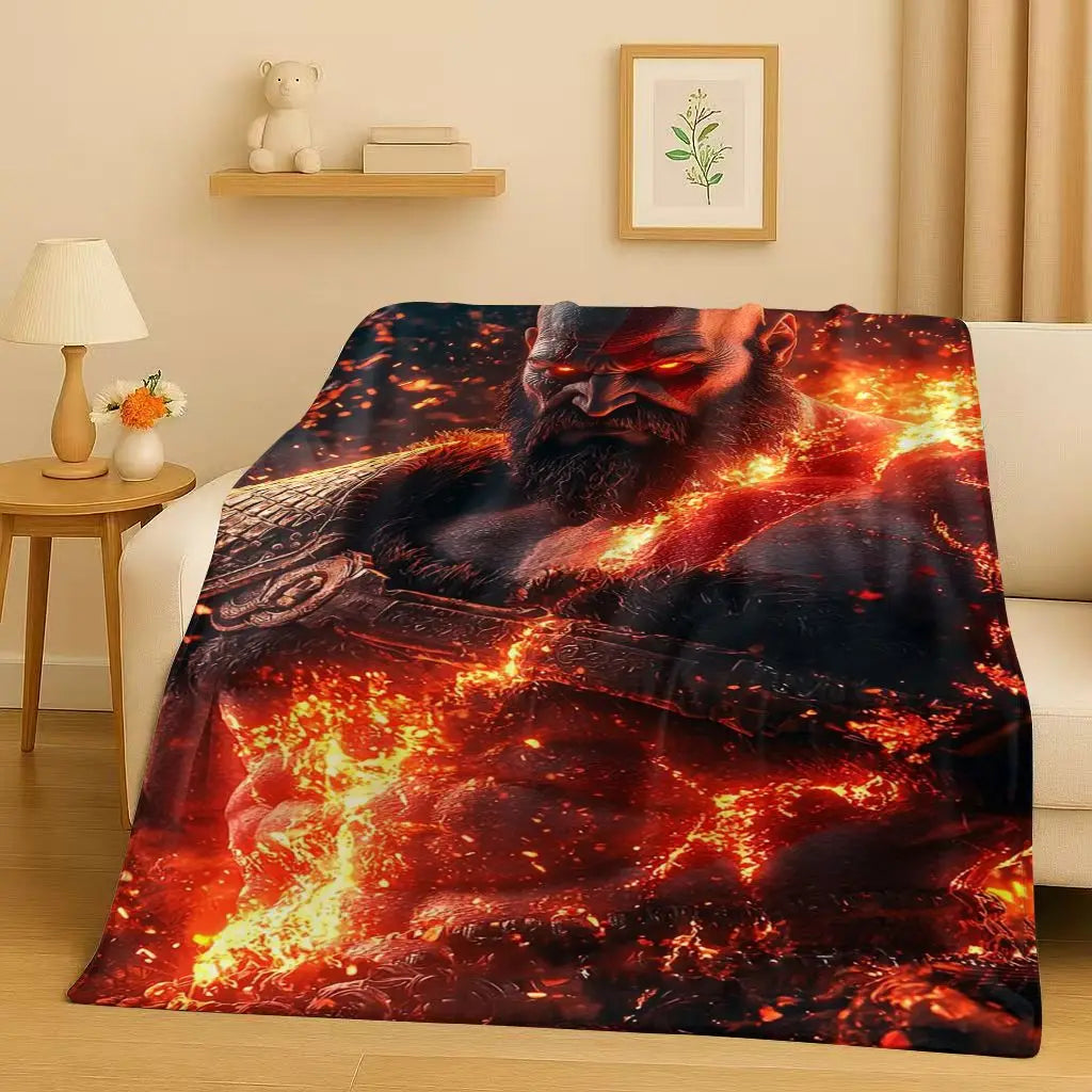 3D Kratos God of War Games Cartoon Gamer Flannel Blanket,Ultra Soft Warm Plush Throw for Home Bedroom Bed Sofa Cover Picnic Kids