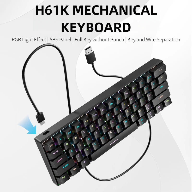 H61K USB-Type C Wired Mechanical Keyboard Red Switch RGB Backlit 61 Keys English Spanish Wired Keyboard for Game Office