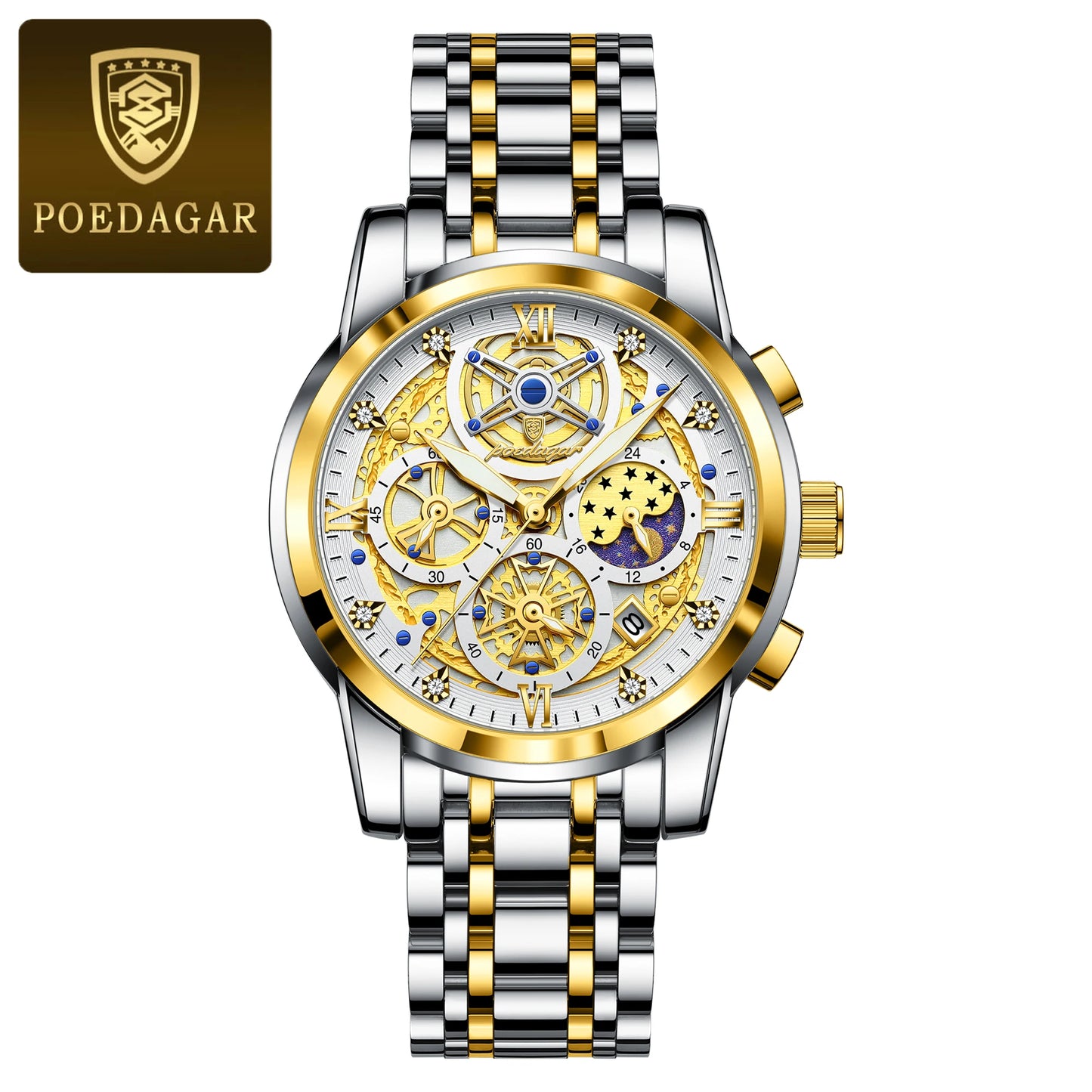POEDAGAR Top Fashion Men's Watches Stainless Steel Date Chronograph Business Quartz Men Wristwatch Waterproof Luminous Man Watch