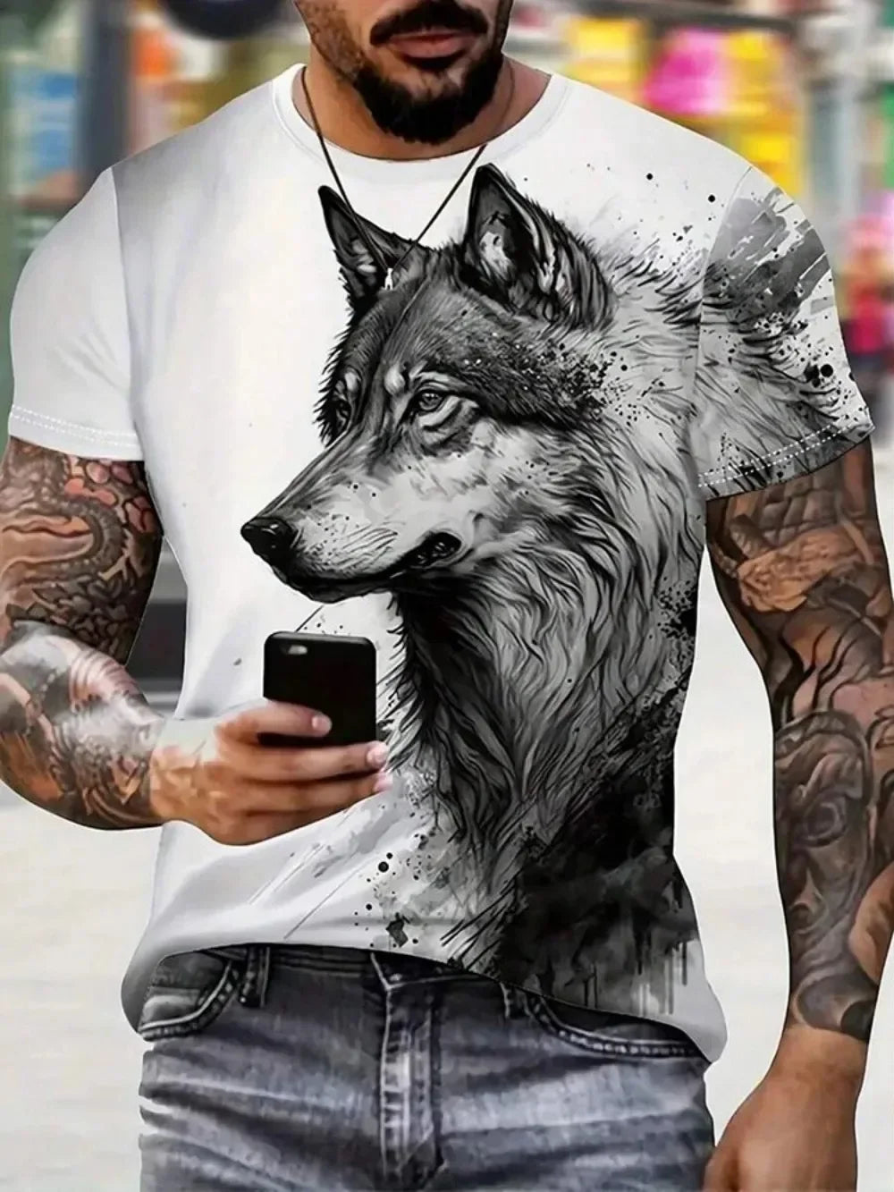 Herren-T-Shirt mit Wildwolf-Motiv, Sommer-Streetwear, Outdoor, atmungsaktiv, Freizeit-T-Shirt, Oberteile, T-Shirts mit 3D-Print, Herrenmode