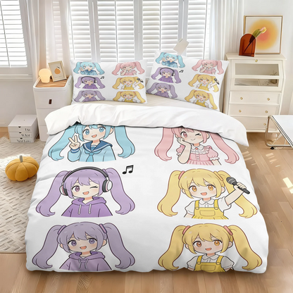 Hatsune Miku Chibi Style Duvet Cover Set Cute Anime Bedding with Pillowcases Gaming Room Teens Kids Bedroom Decor Gift for fans