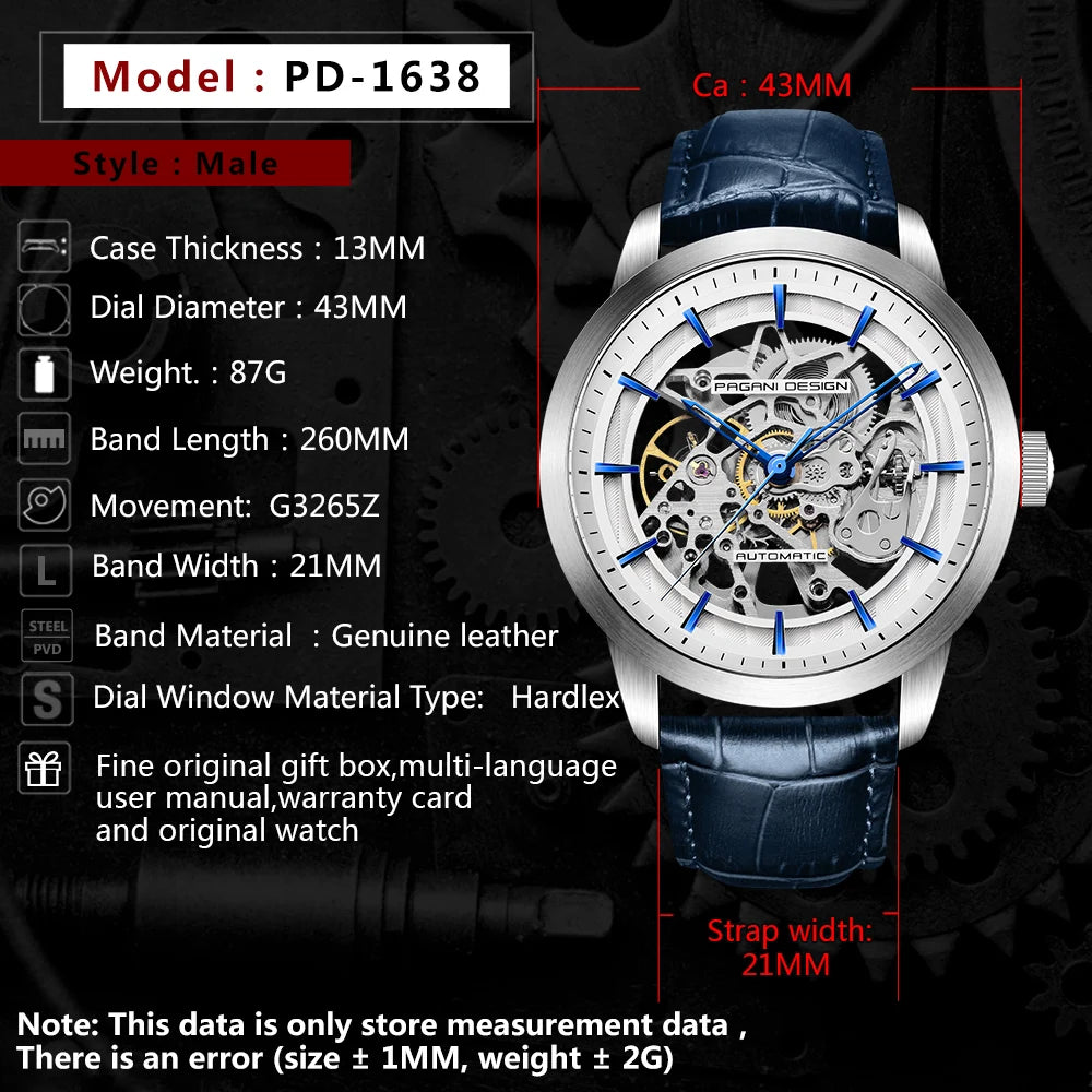 PAGANI DESIGN New Skeleton Men's Mechanical Watches Top Luxury Automatic Watch Men Blue Leather Waterproof Wrist watch Men