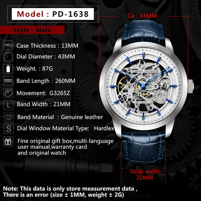 PAGANI DESIGN New Skeleton Men's Mechanical Watches Top Luxury Automatic Watch Men Blue Leather Waterproof Wrist watch Men