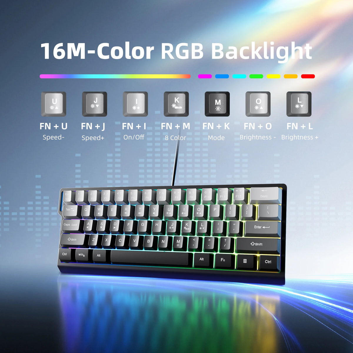 Tastatură cu fir compactă 7KEYS 60%, cu iluminare RGB, capace de taste cu gradient, tastatură de gaming USB pentru PC-uri cu Windows, laptopuri și tablete