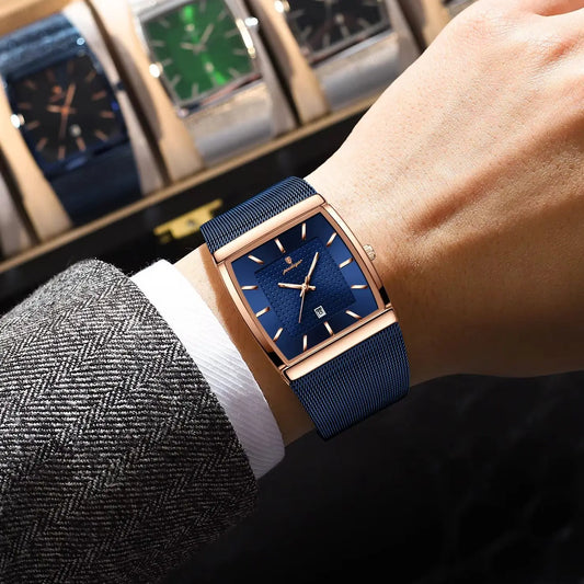 Montre pour homme POEDAGAR, modèle de luxe, bracelet en maille d'acier inoxydable, affichage de la date, étanche, aiguilles luminescentes, style décontracté, boîtier rectangulaire, mouvement à quartz.