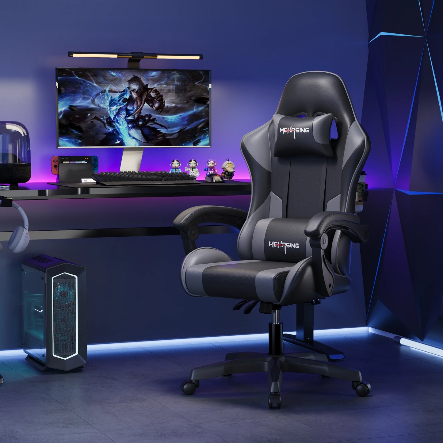 Sedia gaming e-sport ergonomica dal design moderno, con rotazione girevole, ruote e stile avvolgente, per ufficio, casa e postazione computer