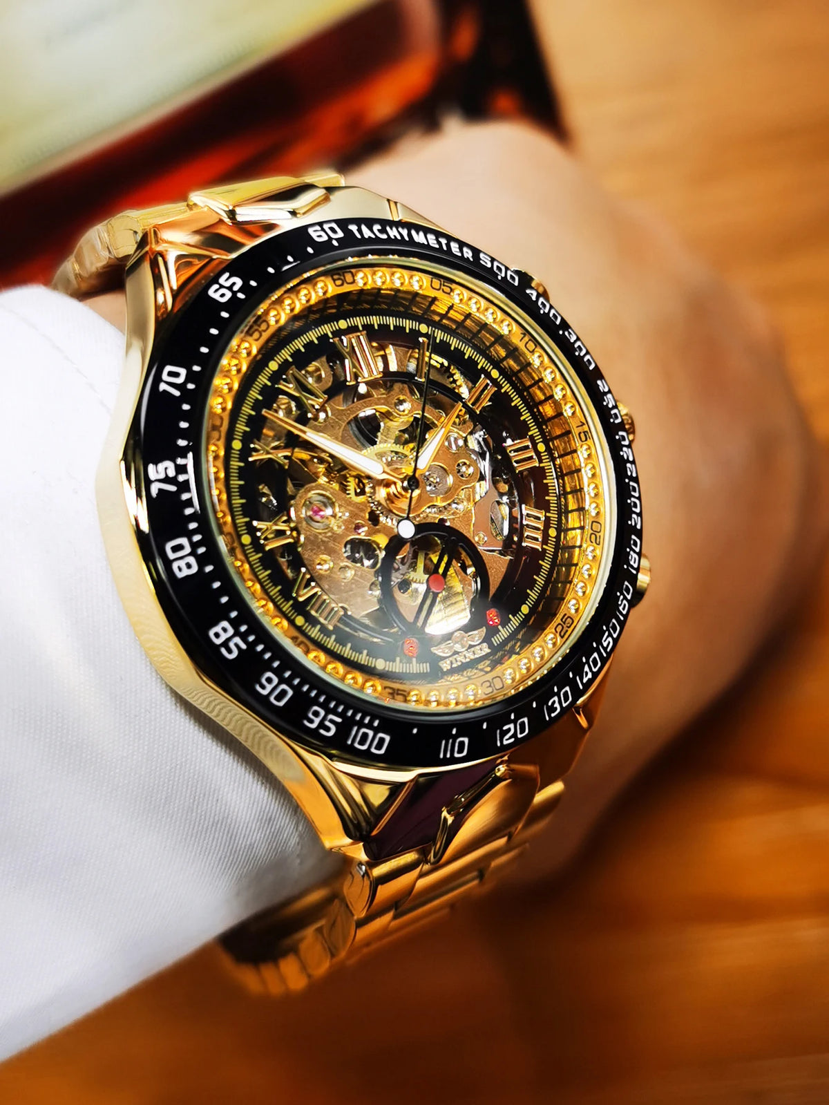 WINNER automatisch herenhorloge – Transparant skeletmodel, lichtgevende wijzers, roestvrijstalen band, mechanisch horloge van een luxemerk