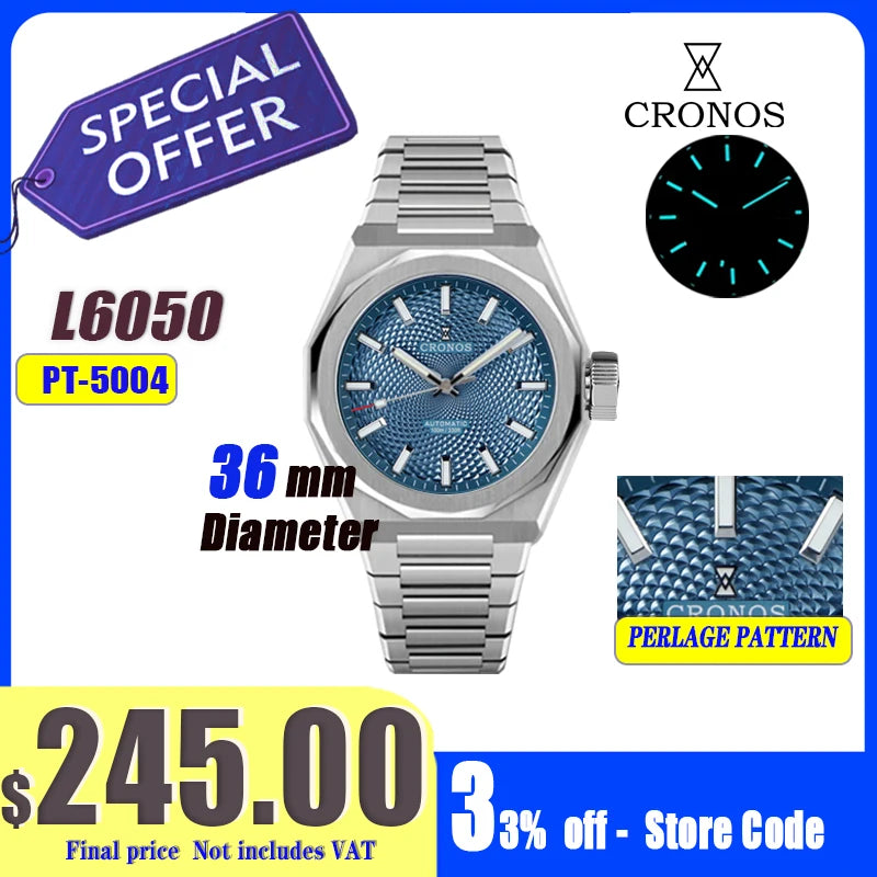 Cronos Luxury Men Watch 36mm Automatic PT5004 Miyota 90S5 Wristwatches Sapphire 10ATM See-through Case Back L6050  reloj hombre