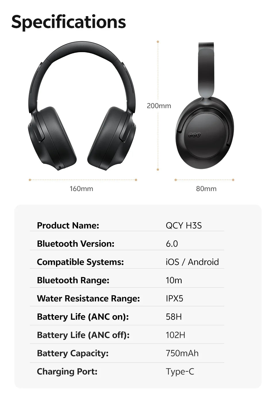 Auscultadores Over-Ear QCY H3S ANC Bluetooth 6.0 – Áudio Espacial Hi-Res LDAC, Cancelamento de Ruído Adaptativo -56dB, Auscultadores Sem Fios