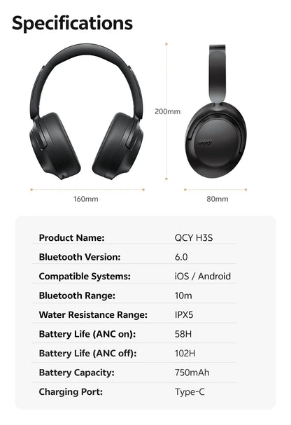 Auscultadores Over-Ear QCY H3S ANC Bluetooth 6.0 – Áudio Espacial Hi-Res LDAC, Cancelamento de Ruído Adaptativo -56dB, Auscultadores Sem Fios