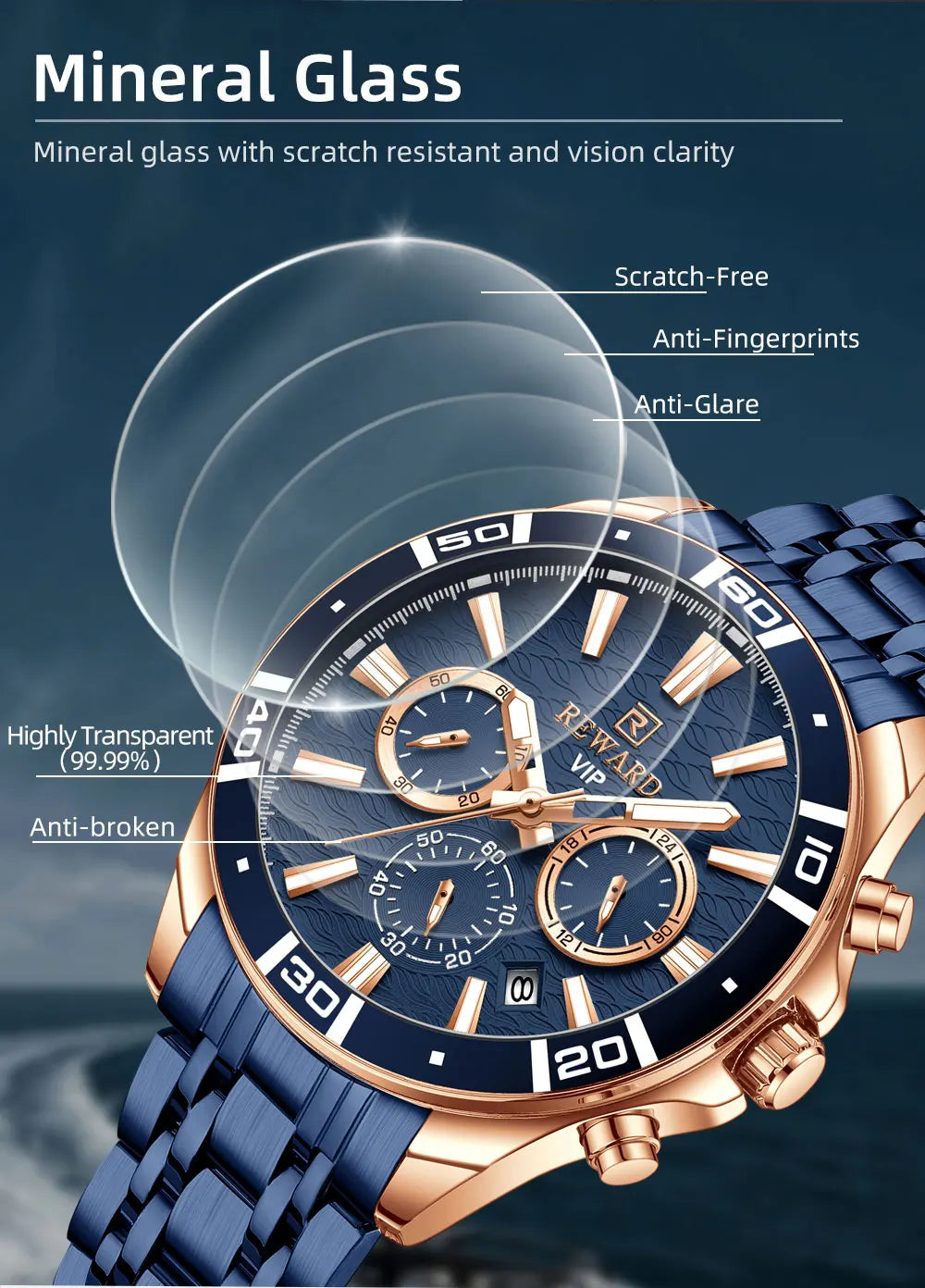 REWARD Mens Watches Waterproof  Luminous Quartz Wristwatch Business Stainless Steel Strap with gift box