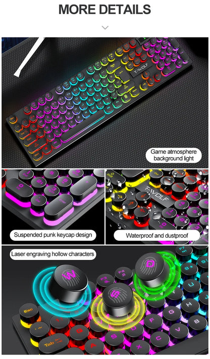 Typewriter style Mechanical feel Gaming Keyboard, Wired, RGB Backlit, Round Keycaps Mouse and Keyboard Bundle Waterproof 104-Key