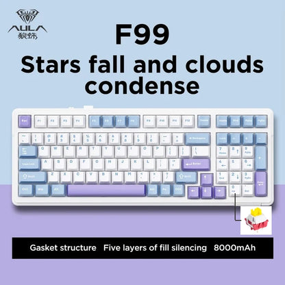 Teclado mecánico gaming Aula F99 de 99 teclas, tres modos: 2.4g inalámbrico, Bluetooth y cableado, hot swap, PBT, gasket y RGB para juegos y escritura