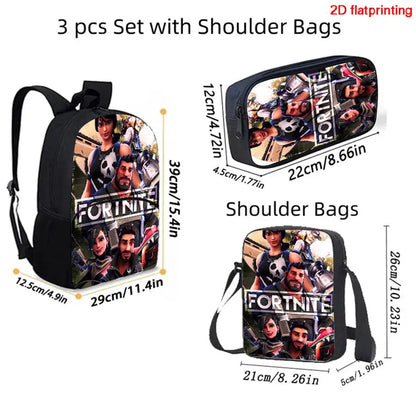 FORTNITE 3-Piece School Backpack Set with Front Pocket Bag, Crossbody Bag, and Pencil Case for Ages 5-10 Boys and Girls, Lightweight, Includes Free 3D Printed Keychain